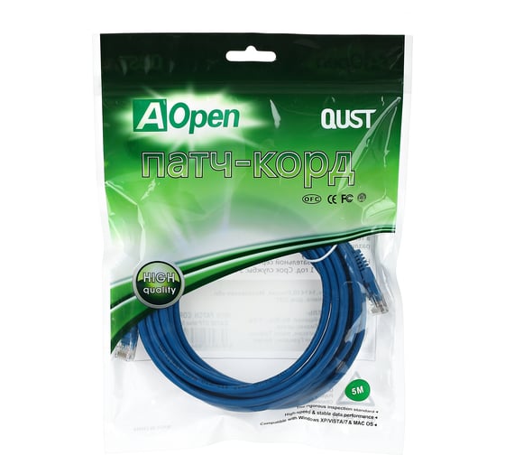 Патчкорд AOpen/Qust литой UTP кат.5е 5м синий ANP511-5M-B