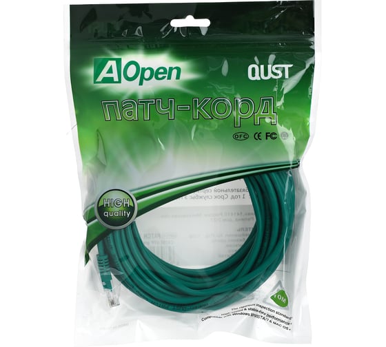 Патчкорд AOpen/Qust литой UTP кат.5е 10м зеленый ANP511-10M-G