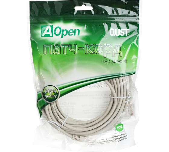 Патчкорд AOpen/Qust литой UTP кат.5е 10м серый ANP511-10M