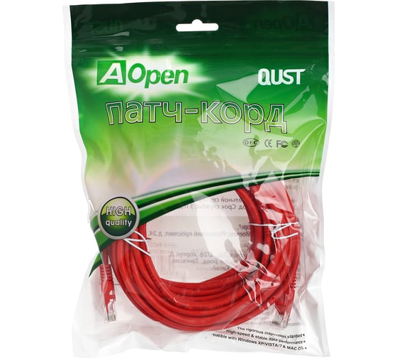 Патчкорд AOpen/Qust литой UTP кат.5е 10м красный ANP511-10M-R