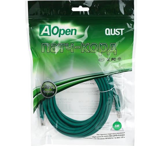 Патчкорд AOpen/Qust литой UTP кат.5е 5м зеленый ANP511-5M-G
