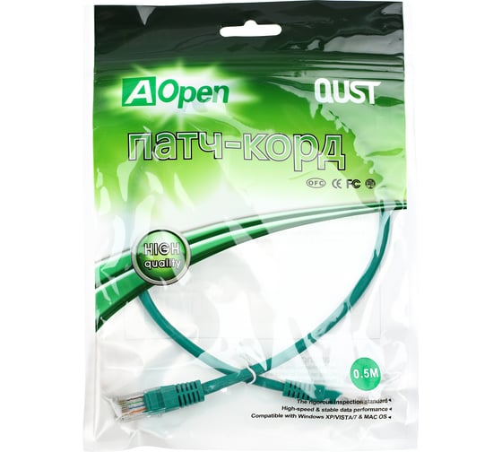 Патчкорд AOpen/Qust литой UTP кат.5е 0,5м зеленый ANP511-0.5M-G