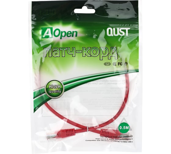 Патчкорд AOpen/Qust литой UTP кат.5е 0,5м красный ANP511-0.5M-R