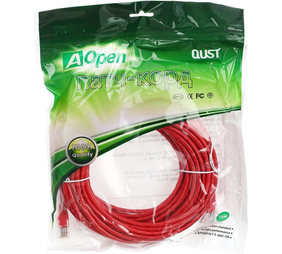 Патчкорд AOpen/Qust литой UTP кат.5е 15м красный ANP511-15M-R
