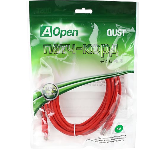 Патчкорд AOpen/Qust литой UTP кат.5е 5м красный ANP511-5M-R