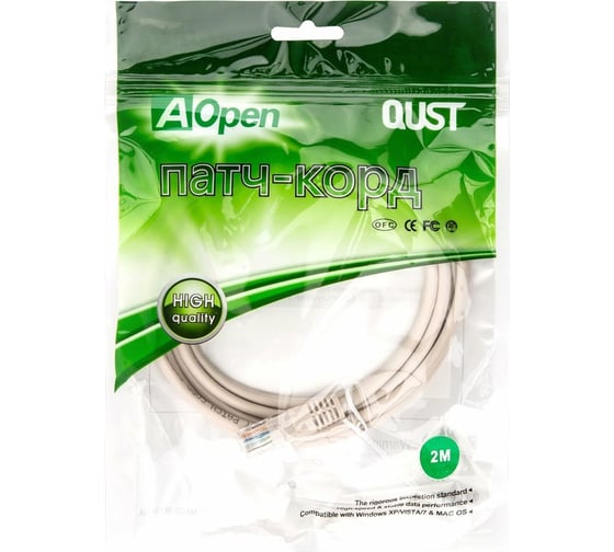 Патчкорд AOpen/Qust литой UTP кат.5е 2м серый ANP511-2M