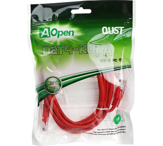 Патчкорд AOpen/Qust литой UTP кат.5е 3м красный ANP511-3M-R