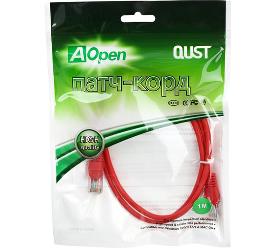 Патчкорд AOpen/Qust литой UTP кат.5е 1м красный ANP511-1M-R