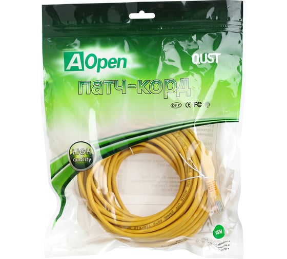 Патчкорд AOpen/Qust литой UTP кат.5е 15м желтый ANP511-15M-Y