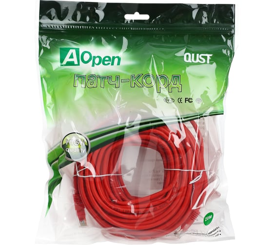 Патчкорд AOpen/Qust литой UTP кат.5е 20м красный ANP511-20M-R