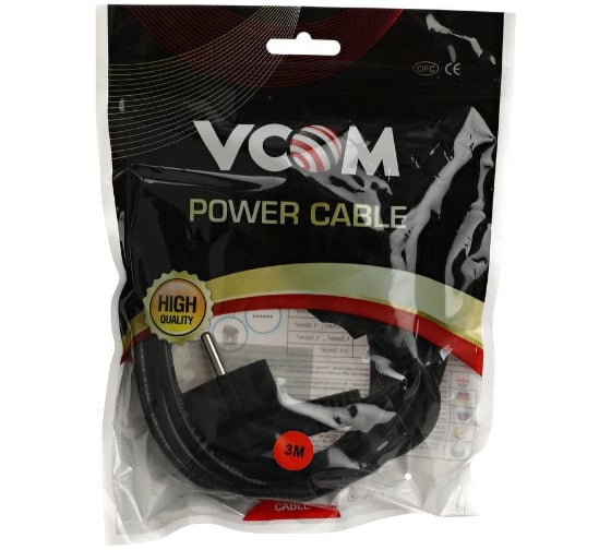 Кабель компьютер-розетка VCOM 220V, угловая евровилка, VDE 3G*0,5mm2 CE021-CU0.5-3M