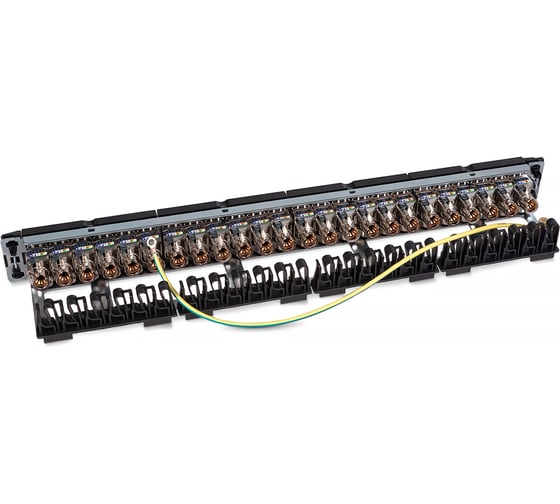 Патч-панель Cabeus 19" (1U), 24 порта RJ-45, категория 6, полностью экранированная, с задним кабельным организатором, безинструментный монтаж (арт.033562) PL-24-KJ-RJ45-Cat.6-SH-180T