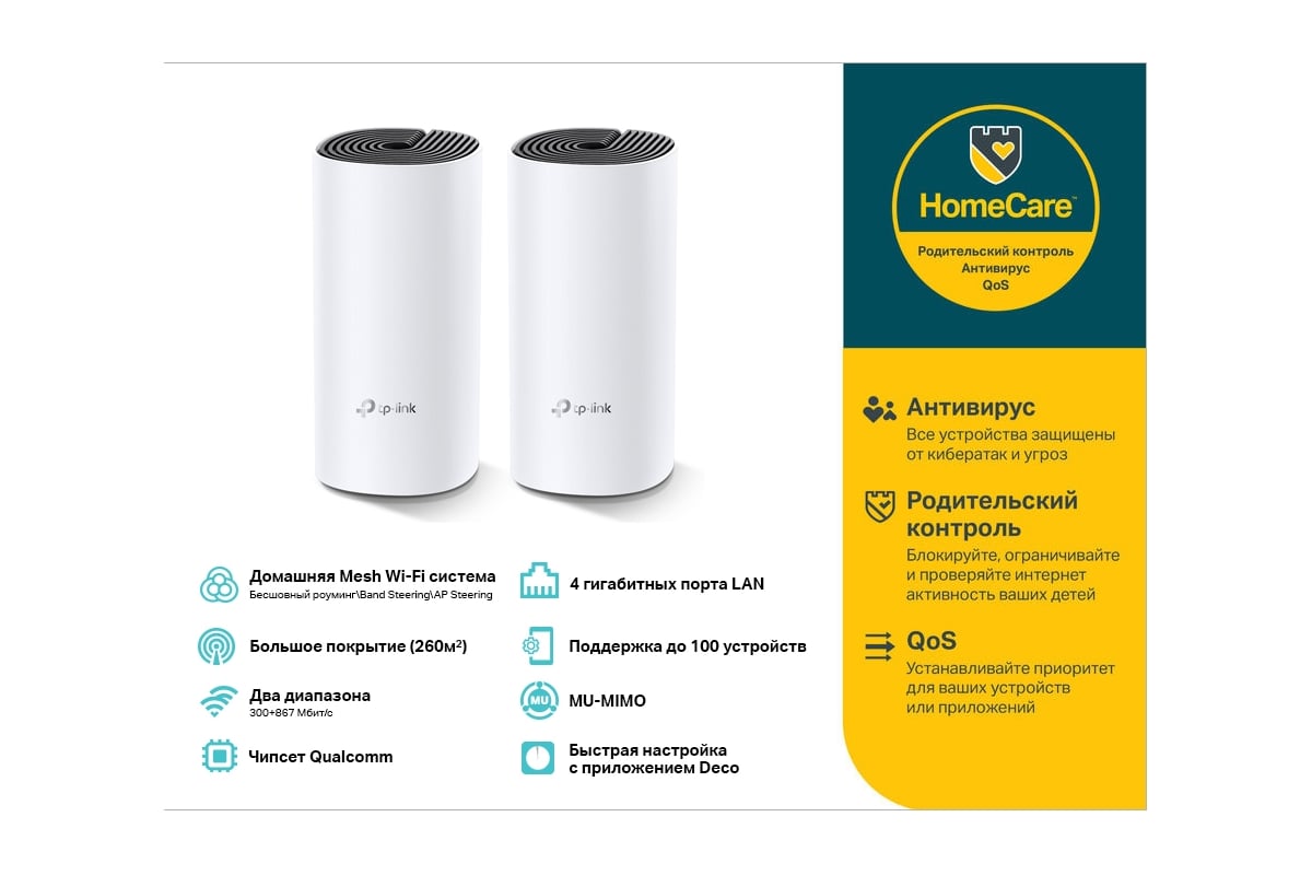 Бесшовный Mesh роутер TP-Link Deco M4 AC1200 10/100/1000BASE-TX белый  упак.:2шт DECO M42-PACK