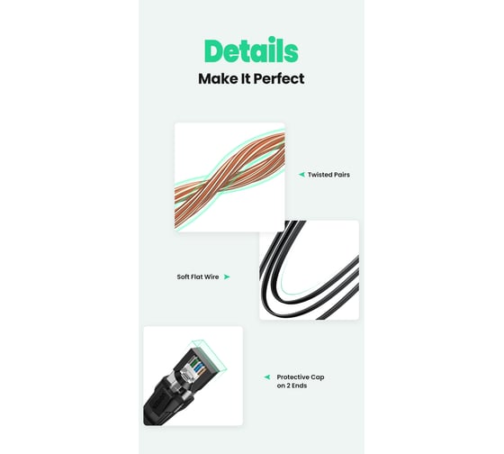 Кабель Ugreen NW134 (10980) Cat 8 U/FTP Ethernet Cable Pure Copper 30AWG. Длина: 1м. Цвет: черный 10980_