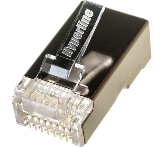 Экранированный универсальный разъем Hyperline PLUG-8P8C-U-C5-SH-100 RJ-458P8C под витую пару, категория 5e, 50 микродюймов, для одножильного и многожильного кабеля