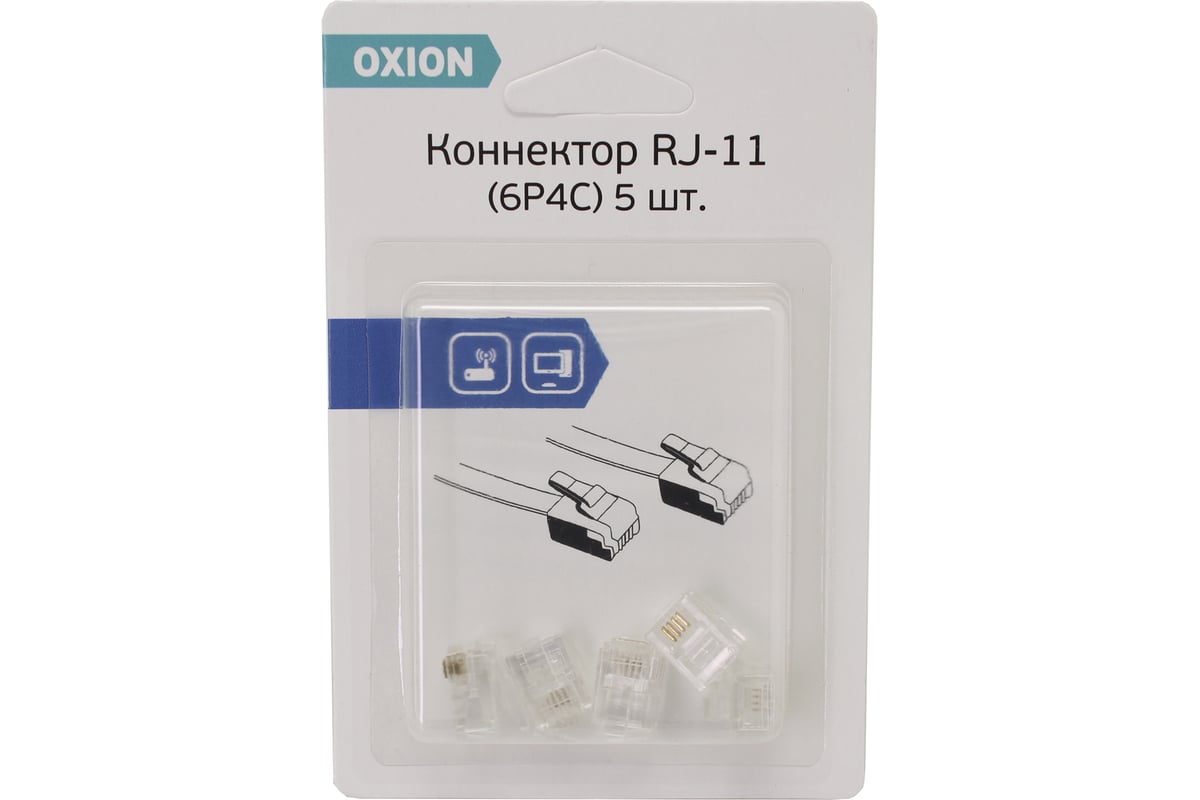 Коннектор OXION RJ-11 (6P4C), 5 шт., блистер, арт. OX-RJ-116P4Cx5 ...