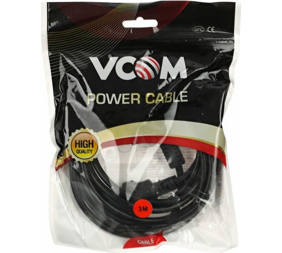 Кабель компьютер - розетка VCOM 220V, угловая евровилка, 3 м, VDE 3G*0,75mm2, CE021-CU0.75-3