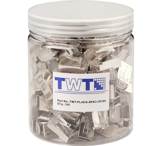 Коннектор TWT RJ45 STP 8P8C, универсальный, cat.5e, 100 шт. в банке TWT-PL45/S-8P8C/JR100