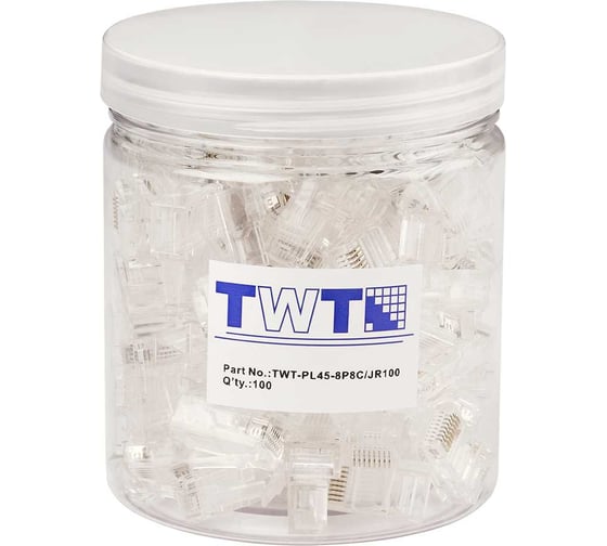 Коннектор TWT RJ45 UTP 8P8C, универсальный, cat.5e, 100 шт. в банке TWT-PL45-8P8C/JR100