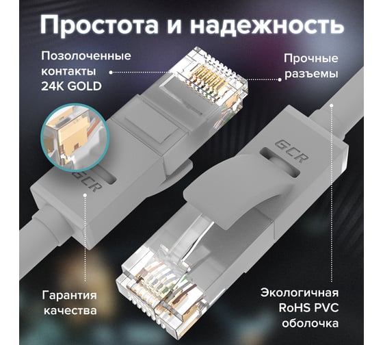 Прямой патч-корд GCR 20.0m UTP категории 5e, серый, 24 AWG, 1 Гбит/с, RJ45, T568B VIVLNIC03-20.0m