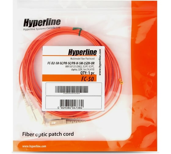 Волоконно-оптический шнур Hyperline FC-D2-50-SC/PR-SC/PR-H-5M-LSZH-OR патч-корд MM 50/12 239437