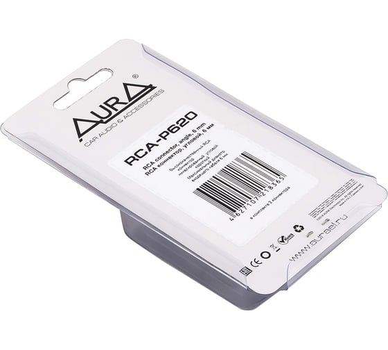 Коннектор переходник угловой AURA RCA 6 мм вход, 2 шт. RCA-P620