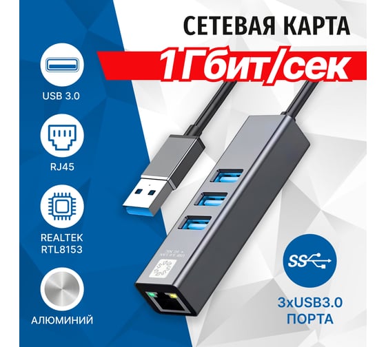 Кабель-адаптер 5Bites USB3.0 / 3хUSB3.0 / RJ45 1G / AL / GREY UA3-45-11BK