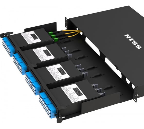 Кросс распределительный стоечный выдвижной NTSS 19” PREMIUM 1U, 4 кассеты MTP, черный NTSS-RsFOB-PM-1U-C04-MTP-BL