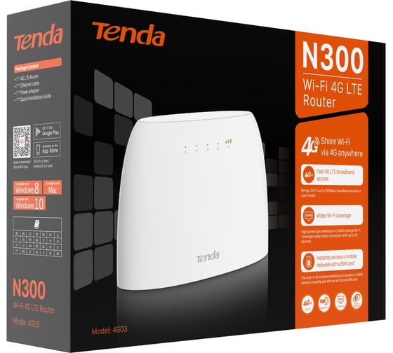 Wi-Fi Роутер Tenda 4G03 N300, 2,4 ГГц до 300 Мбит/с, LTE/3G/4G до 150 Мбит/с, SIM-слот, 4 внутренние антенны 10000085688