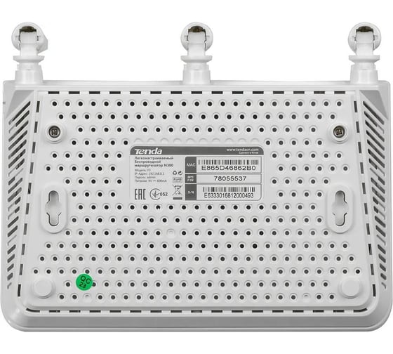 Wi-Fi роутер Tenda F3 N300, до 300 Мбит/с на 2,4 ГГц, LAN 3x100 Мбит/с, WAN 1x100 Мбит/с, 3x5dBi антенны, белый корпус 10000033904