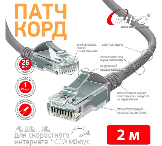 Патч-корд Ripo UTP Cat 5E, RJ45, 2 m (серый), (в упк. 10шт.) 003-300006-10