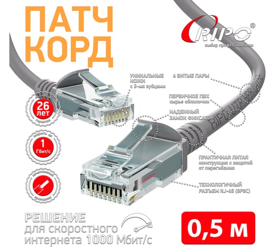 Патч-корд Ripo UTP Cat 5E, RJ45,0,5 m (серый), (в упк. 10шт.) 003-300009-10