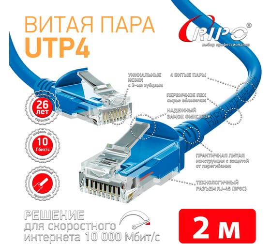 Патч-корд Ripo UTP4 Cat 6, RJ45-RJ45, 2 м, PVC синий, (в упк. 10 шт.) 003-300164-10