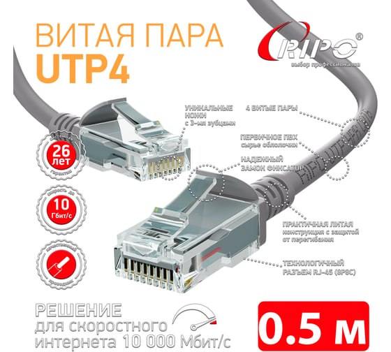 Патч-корд RIPO UTP4 Cat 6, RJ45, 0.5 m PVC (серый) литой, (в упк. 10шт.) 003-300205-10