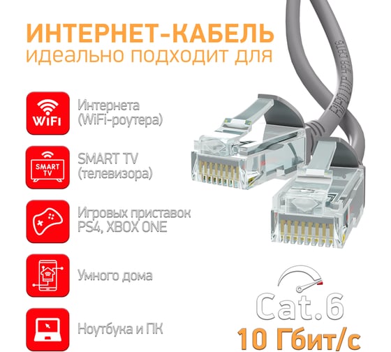 Патч-корд RIPO UTP4 Cat 6, RJ45, 1.0 m PVC (серый) литой (в упк. 10шт.) 003-300206-10