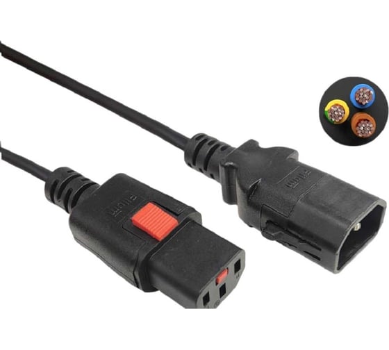 Кабель питания Filum 3x1.0 С13 - C14 с фиксацией, 220/250В, 10А, черный, 3м FL-PC-C13F/C14F-C1-3.0-BK 1