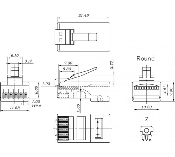 Разъем Hyperline PLUG-10P10C-U-06-10 RJ-50(10P10C), универсальный (для одножильного и многожильных) 49342