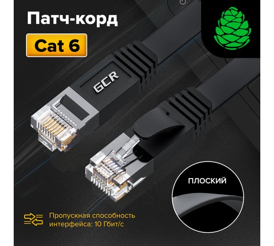 Прямой плоский патч-корд RJ45 GCR PROF 15.0m, UTP медь категории 6, черный, 30 AWG, 10 Гбит/с, VIV52I857