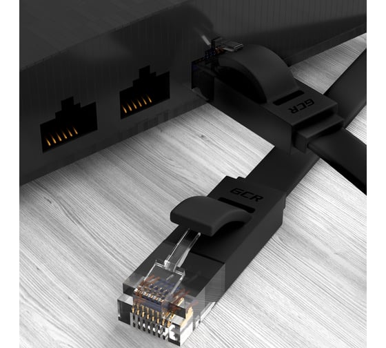 Плоский прямой патч-корд RJ45 GCR PROF 0.3m, UTP медь категории 6, черный, 30 AWG, 10 Гбит/с, VIVLNIC616-0.3m