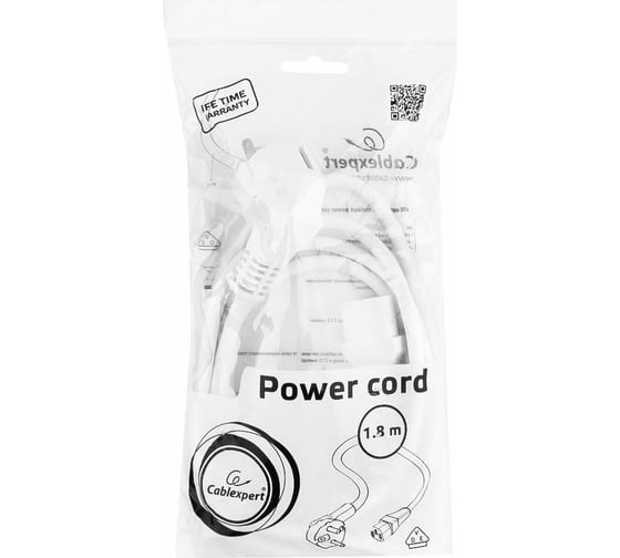 Кабель питания Cablexpert 1.8м, Schuko-C13, VDE, 3х0.75мм2, 10А, белый, с заземлением, PC-186W-VDE