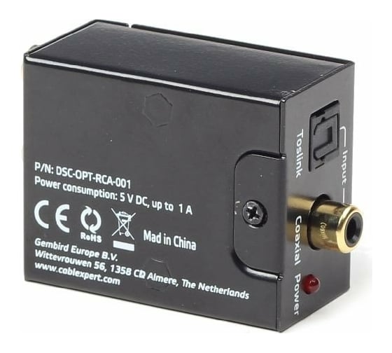 Аудио конвертер Cablexpert цифровой в аналоговый сигнал 1xRCACoaxial DSC-OPT-RCA-001