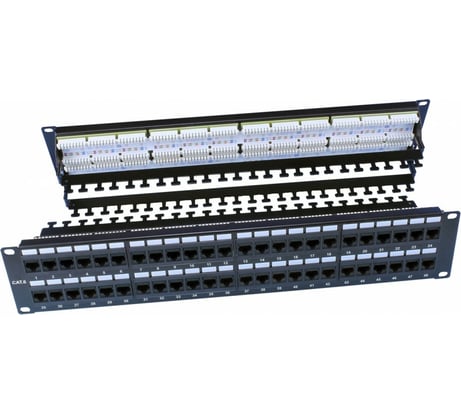 Патч-панель 19" 2U Hyperline, 48 портов RJ-45, категория 6, Dual IDC, ROHS, цвет черный, 246108