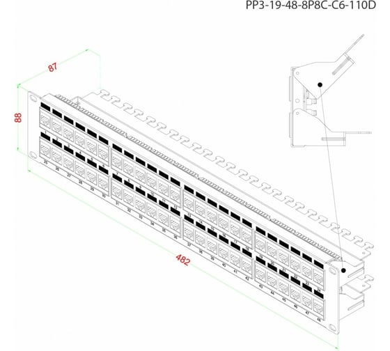 Патч-панель 19" 2U Hyperline, 48 портов RJ-45, категория 6, Dual IDC, ROHS, цвет черный, 246108