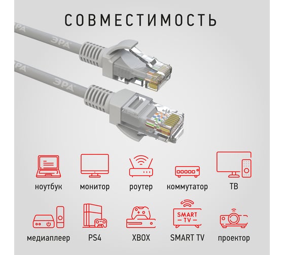 Патч-корд ЭРА PC2U U/UTP категория 5e, длина 2 метра, неэкранированный, серый, Cu, Б0051411