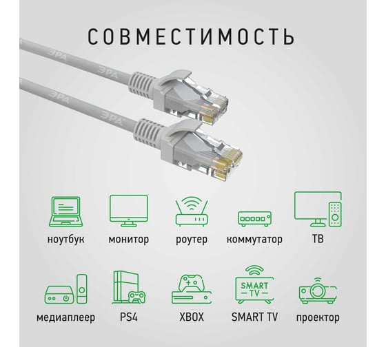 Патч-корд ЭРА Simple PC-3U-A U/UTP категория 5e, длина 3 метра, неэкранированный, серый, Б0051373