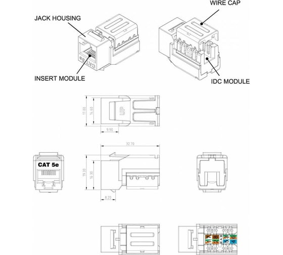Вставка Keystone Jack RJ-45(8P8C) категория 5e Hyperline, 110 IDC, черная, 222441