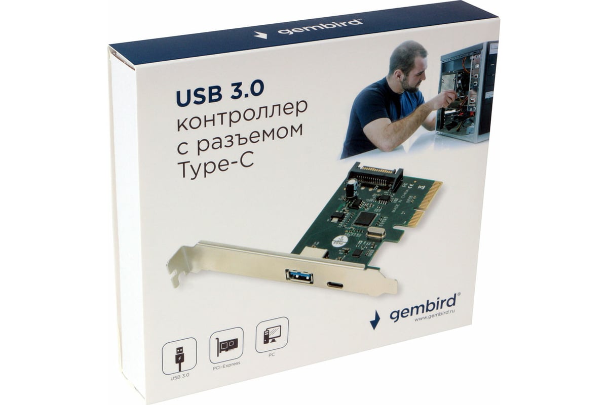 Контроллер USB Gembird SPCR-02 PCI-express порты: 2 внешн. USB 3.1 Type-C и Type-A