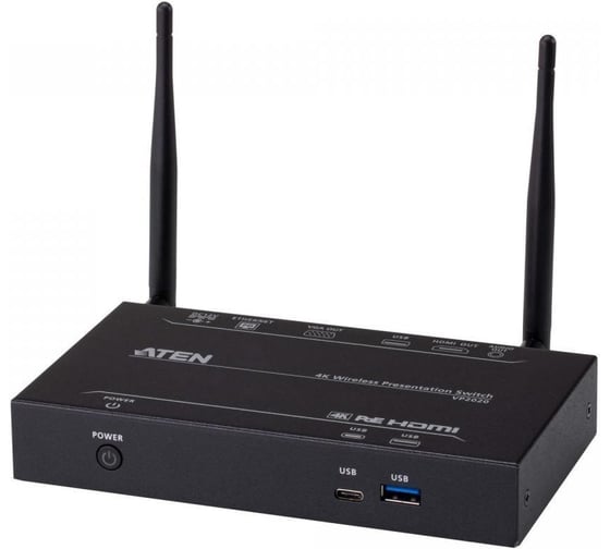 Коммутатор презентационный ATEN 2x вход: LAN/беспроводная связь IEEE802.11ac перекл.2-х диапазаонная 2,4 ГГц и 5 ГГц, 2x выхода видео: HDMI/VG VP2020-AT-G