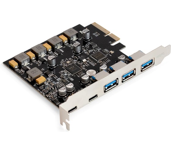 Контроллер ExeGate EXE-313V-3A2C 10Gbps PCI-E x4 v3.0, USB3.2 Gen2 3xType-A + 2xType-C ext., SuperSpeed+ скорость до 10 Гбит/с, разъем доп.питания 298300