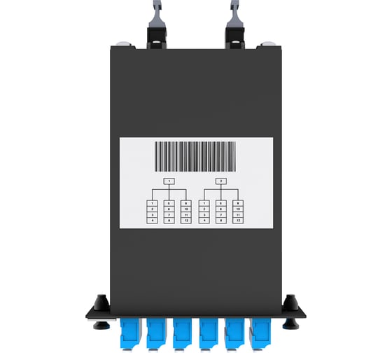 Кассета кроссовая NTSS 2 разъема MPO/АPC (male) 9/125, на 24 LC/UPС (6 QLC/UPC), полярность U, черный NTSS-C-ST-9-2x12MPO(m)/A-24xLC/U-U-BL